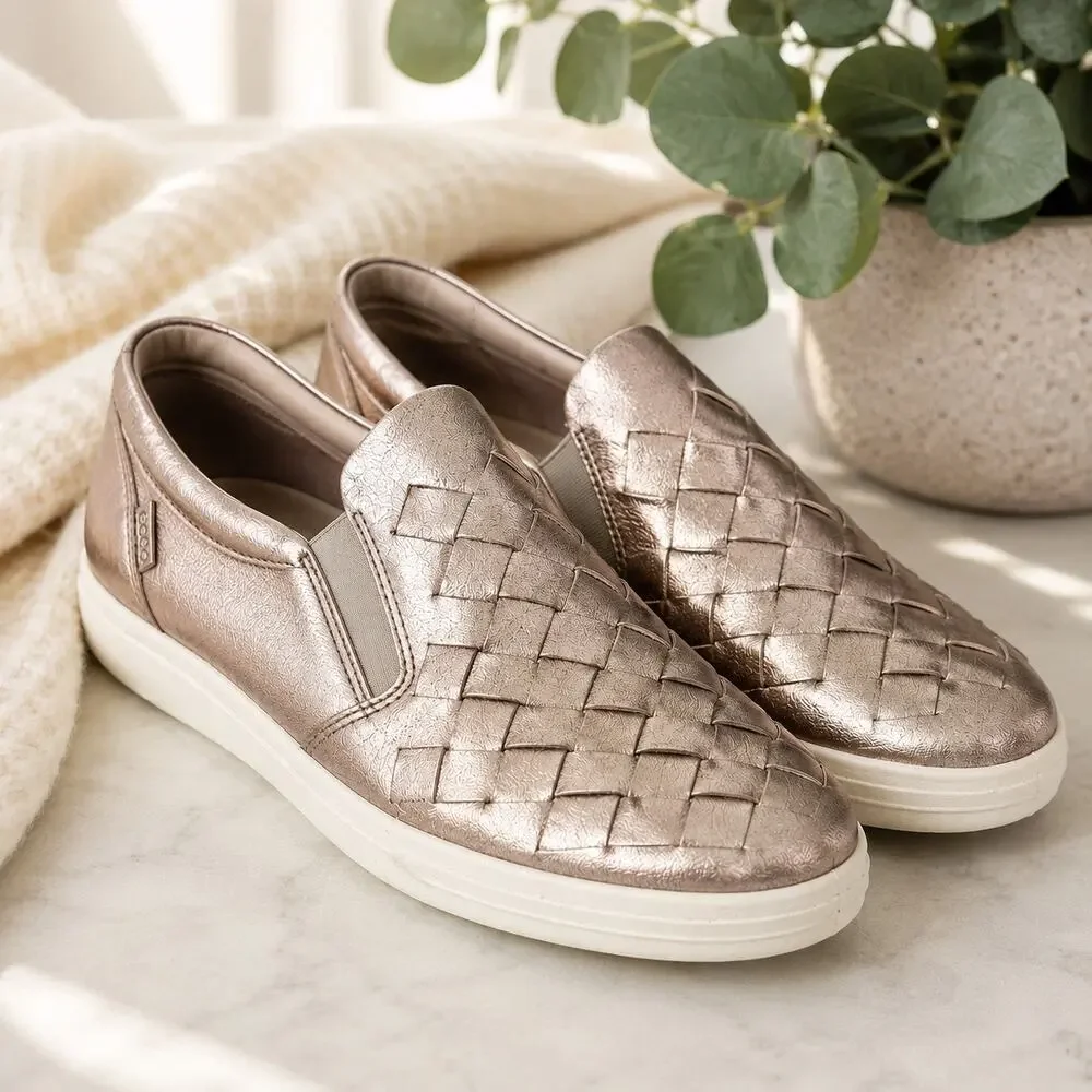 ECCO Soft 7 Woven Metallic Rose Gold Leather Slip On Sneakers EU 42 US 11 - Picture 7 of 7